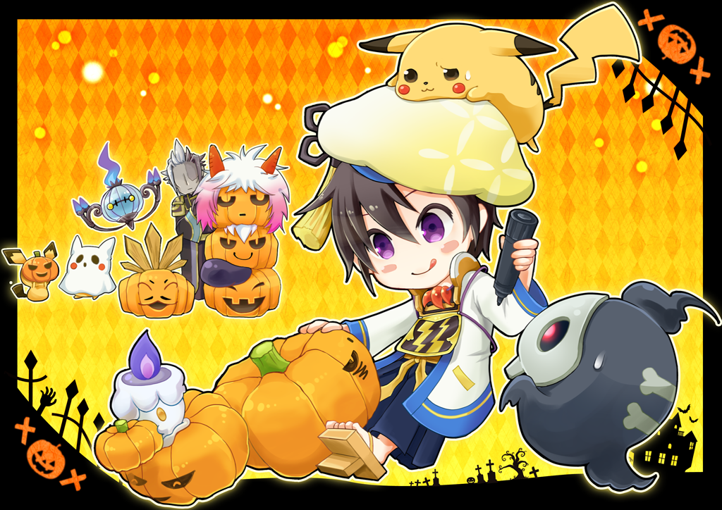 armor beret brown_hair chandelure chibi coat duskull gen_1_pokemon gen_2_pokemon gen_3_pokemon gen_5_pokemon ghost_costume hair_between_eyes halloween halloween_costume hat jack-o&#039;-lantern lampent litwick magatama marker multicolored_hair nintendo on_head pichu pikachu pokemon pokemon_(creature) pokemon_conquest pokemon_on_head pumpkin purple_eyes sengoku_musou smile tongue tongue_out two-tone_hair