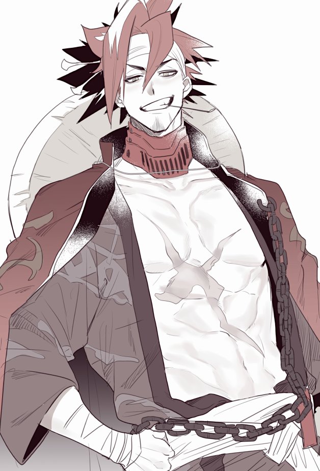 1boy 5_(femfamme) abs alchemy_stars bandaged_arm bandages black_kimono chain clenched_hand coat coat_on_shoulders facial_hair goatee grin headband japanese_clothes kimono looking_at_viewer male_focus mouth_hold navel open_clothes open_kimono open_mouth pale_color pectorals red_coat red_hair sandogasa sash scar scar_on_chest short_hair sinsa_(alchemy_stars) smile stalk_in_mouth teeth teeth_hold upper_body v-shaped_eyebrows