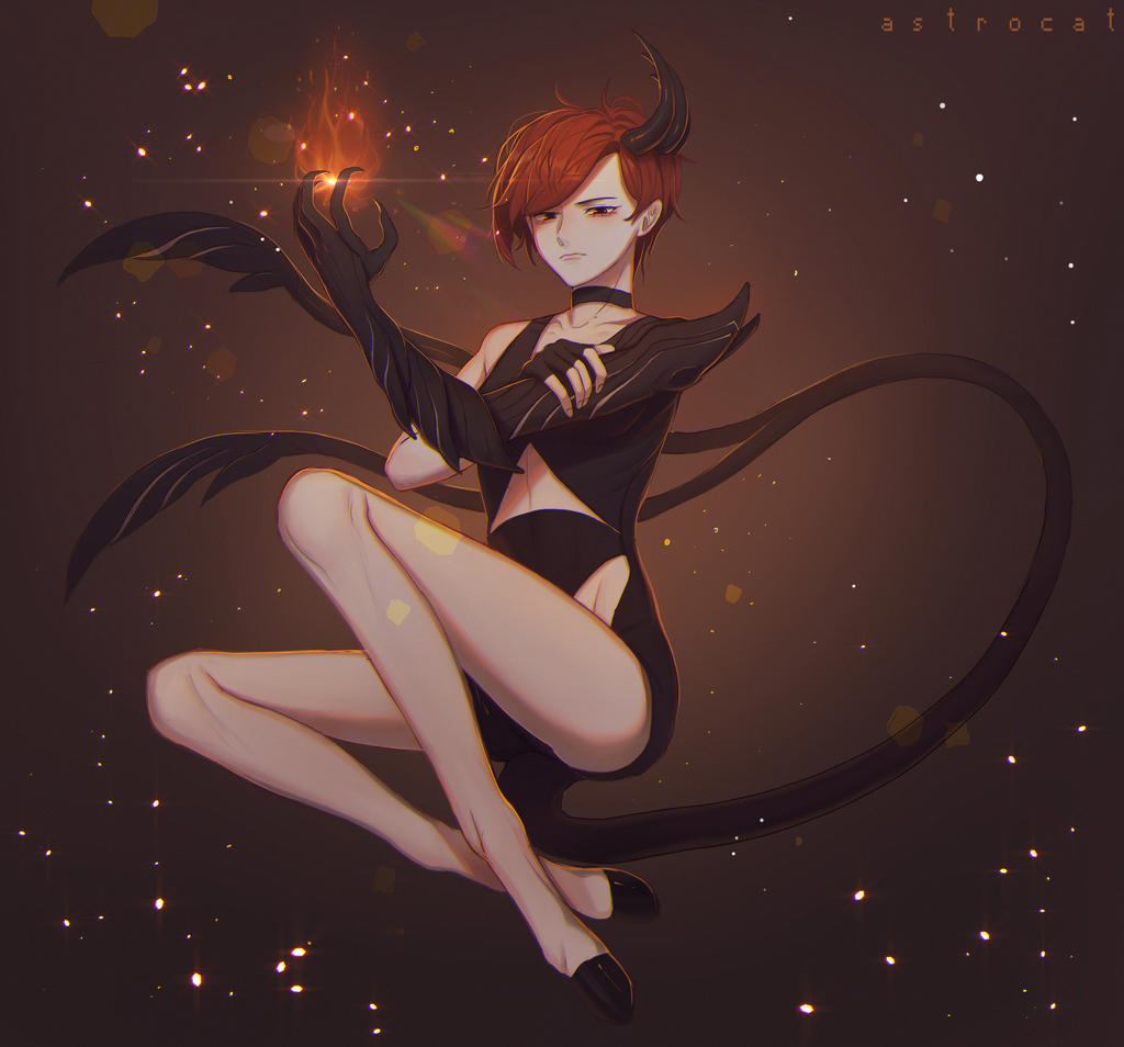 1girl androgynous artist_name astrocatsama asymmetrical_dress bare_legs black_choker black_dress black_eyes black_footwear black_gloves black_horns black_tail brown_background choker claws closed_mouth clothing_cutout collarbone demon_girl demon_horns demon_tail dress fingerless_gloves fingernails fire frown full_body gloves half-closed_eyes hand_on_own_arm high_heels horns jewelry knees light_particles looking_at_viewer multiple_tails necklace original pumps pyrokinesis red_hair short_hair simple_background single_bare_shoulder single_glove single_horn solo stomach_cutout tail two_tails vignetting