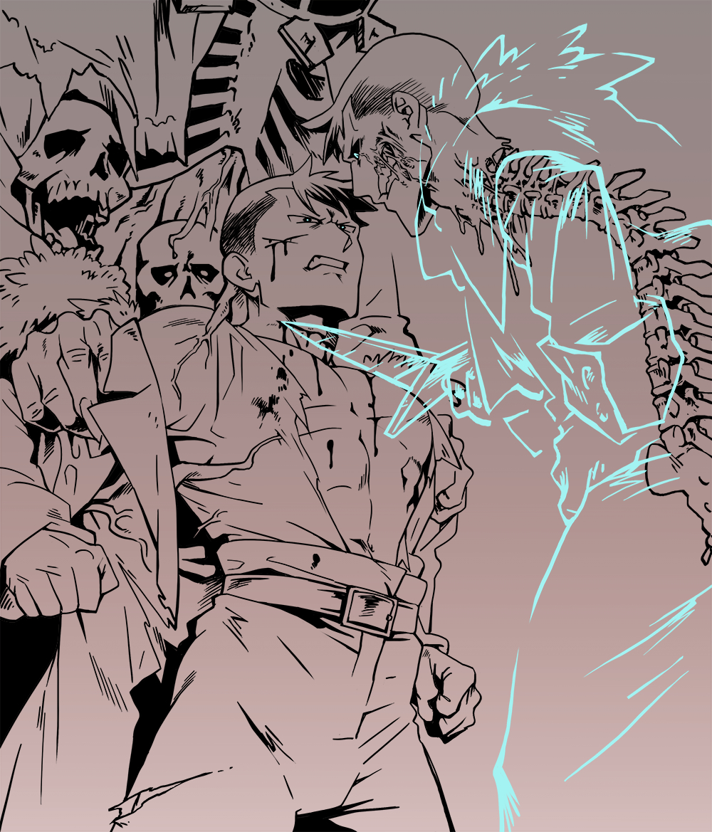 1other 2boys belt bleeding blood blue_eyes brown_theme dagger dark_persona darkest_dungeon dual_persona evil_grin evil_smile fur_trim ghost glasgow_smile gradient_background grin highwayman_(darkest_dungeon) holding holding_dagger holding_knife holding_weapon injury knife multiple_boys open_clothes open_shirt pants robe severed_head short_hair skeleton skull smile spine spot_color the_collector_(darkest_dungeon) time_paradox torn_clothes undead varamill weapon