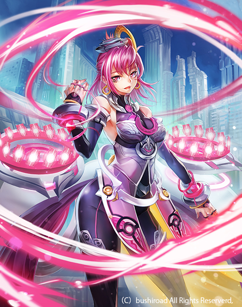 10s 1girl bracelet building cardfight!!_vanguard company_name earrings female_focus hat jewelry long_hair official_art open_mouth pink_hair red_eyes ring ring_magus solo todee