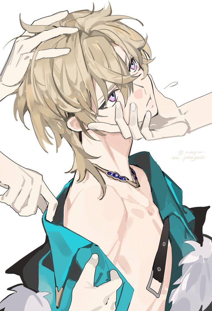 1boy aqua_shirt aventurine_(honkai:_star_rail) blonde_hair closed_mouth collarbone collared_shirt feet_out_of_frame fur_trim hair_between_eyes honkai:_star_rail honkai_(series) jewelry kayu_(yukagoin) looking_at_another male_focus necklace purple_eyes shirt short_hair simple_background undressing white_background