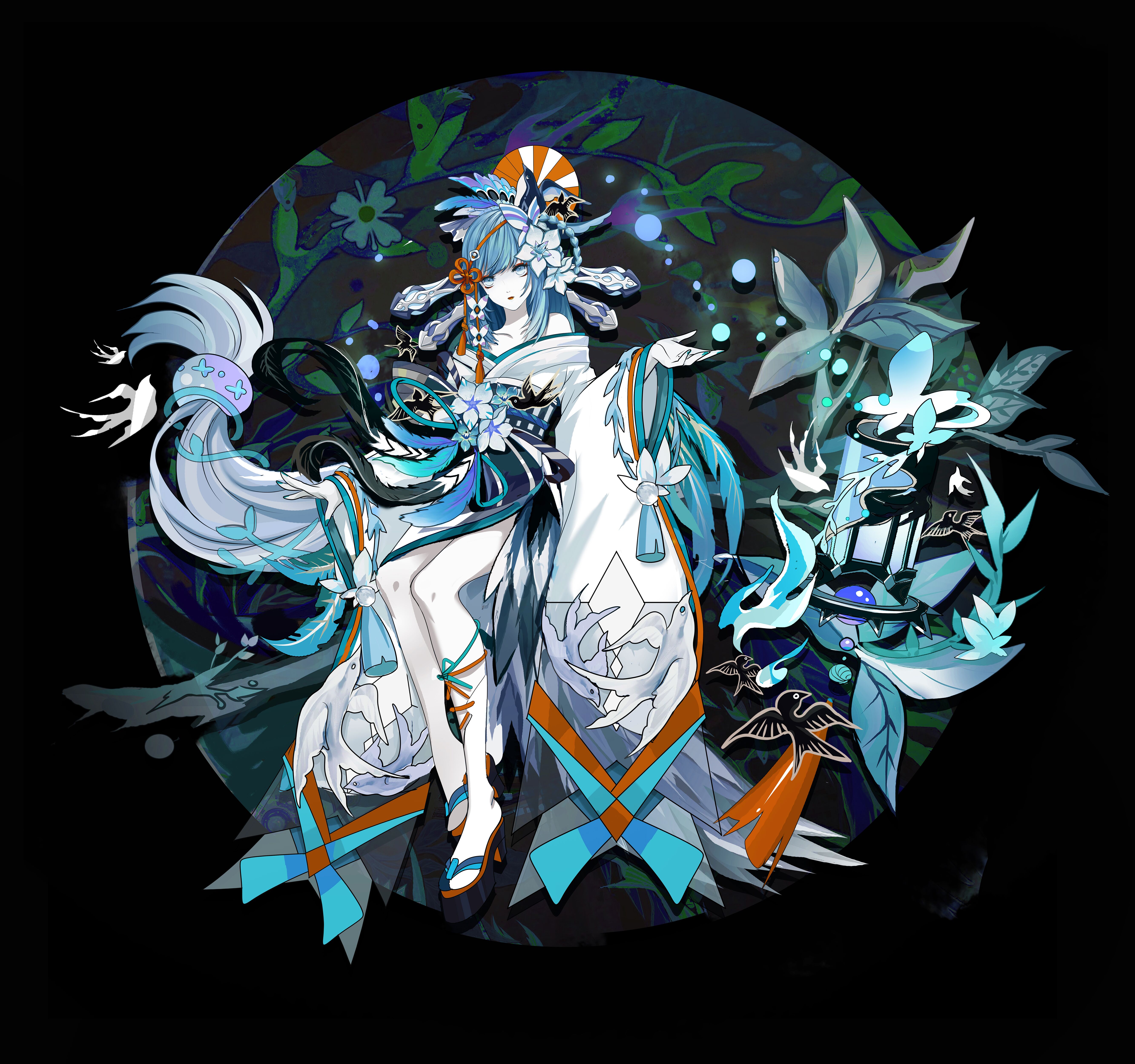 1girl absurdres aoandon aqua_butterfly bare_shoulders black_background blue_eyes bug butterfly floating_hair flower grey_hair hair_flower hair_ornament hand_up highres insect leaf long_hair long_sleeves looking_at_viewer low-tied_long_hair onmyoji plant shan_gui_yu_yao solo tassel very_long_hair white_butterfly wide_shot wide_sleeves