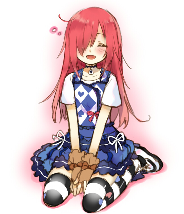 1girl :d between_legs blue_dress blush closed_eyes collarbone dress full_body gloves hand_between_legs hojo_sophy long_hair messy_hair one_eye_covered open_mouth pretty_series pripara red_hair seiza simple_background sitting smile solo thighhighs touyama_soboro white_background