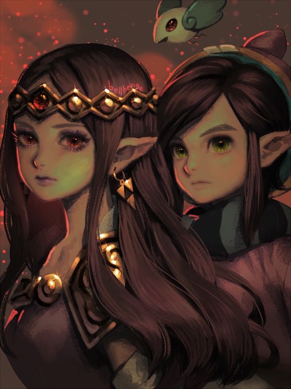 1boy 1girl animal_ear_headwear animal_ears bellhenge earrings fake_animal_ears floating_earrings green_eyes jewelry long_hair looking_at_viewer nintendo pointy_ears princess_hilda purple_hair ravio red_eyes scarf sheerow striped_clothes striped_scarf the_legend_of_zelda the_legend_of_zelda:_a_link_between_worlds tiara triforce