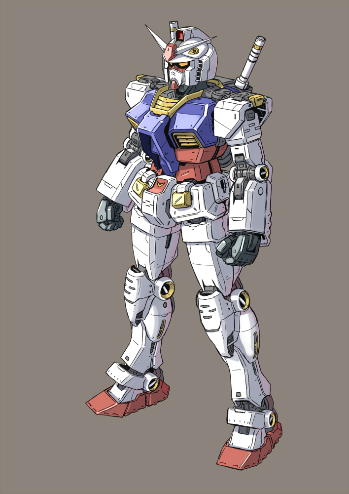clenched_hands commentary_request concept_art earth_federation gun gundam katahira_masashi machine_gun machinery mecha mecha_focus mobile_suit mobile_suit_gundam muzzle no_humans original redesign robot rx-78-2_gundam science_fiction sketch v-fin weapon yellow_eyes
