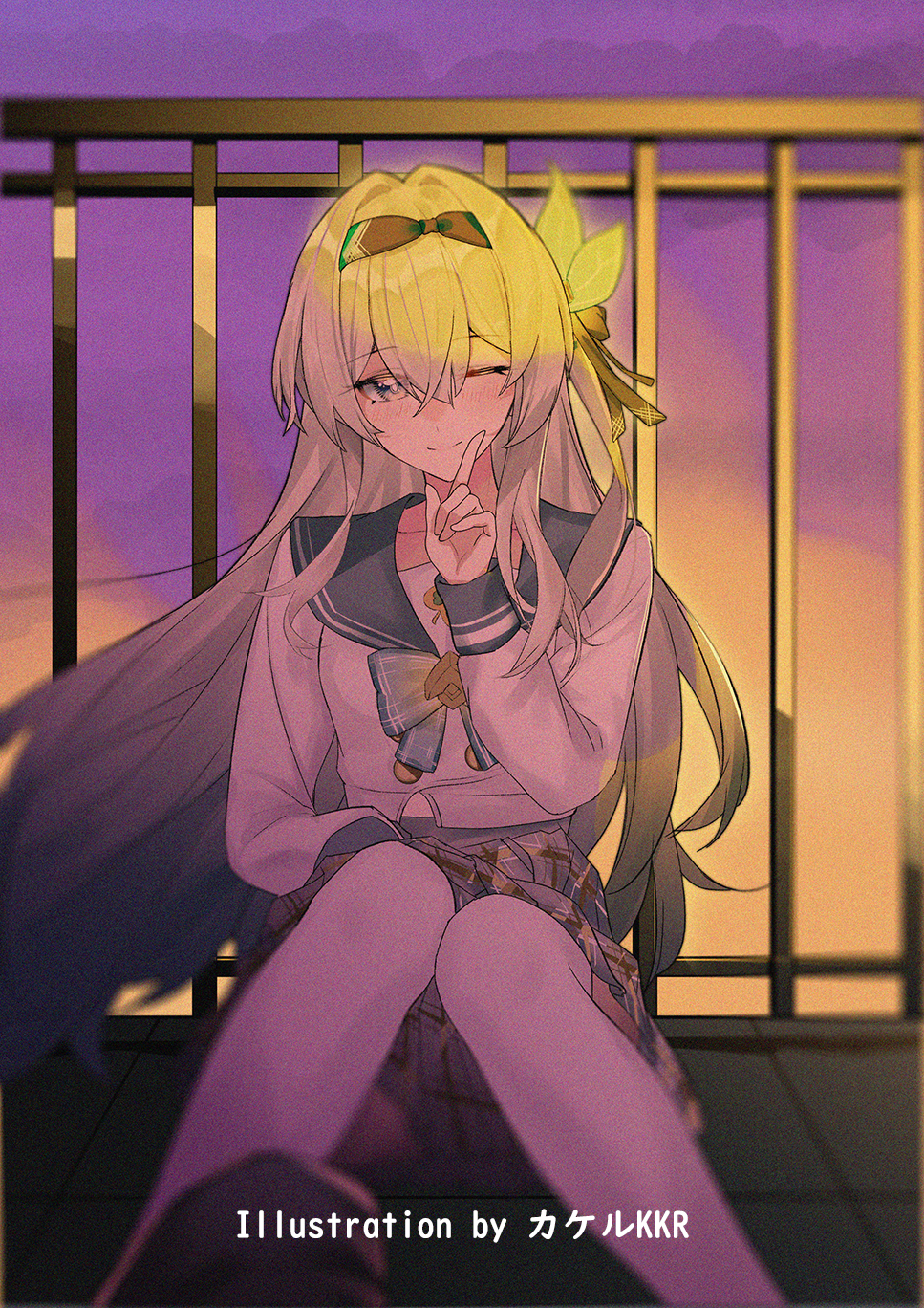 1girl black_bow black_hairband bow buttons closed_mouth double-breasted firefly_(honkai:_star_rail) firefly_(spring_missive)_(honkai:_star_rail) grey_hair grey_sailor_collar grey_skirt hair_between_eyes hair_bow hairband hand_up highres honkai:_star_rail honkai_(series) index_finger_raised knees_up long_hair one_eye_closed plaid_clothes plaid_skirt rooftop sailor_collar shirt sitting skirt smile solo srpzk thighhighs very_long_hair white_shirt white_thighhighs