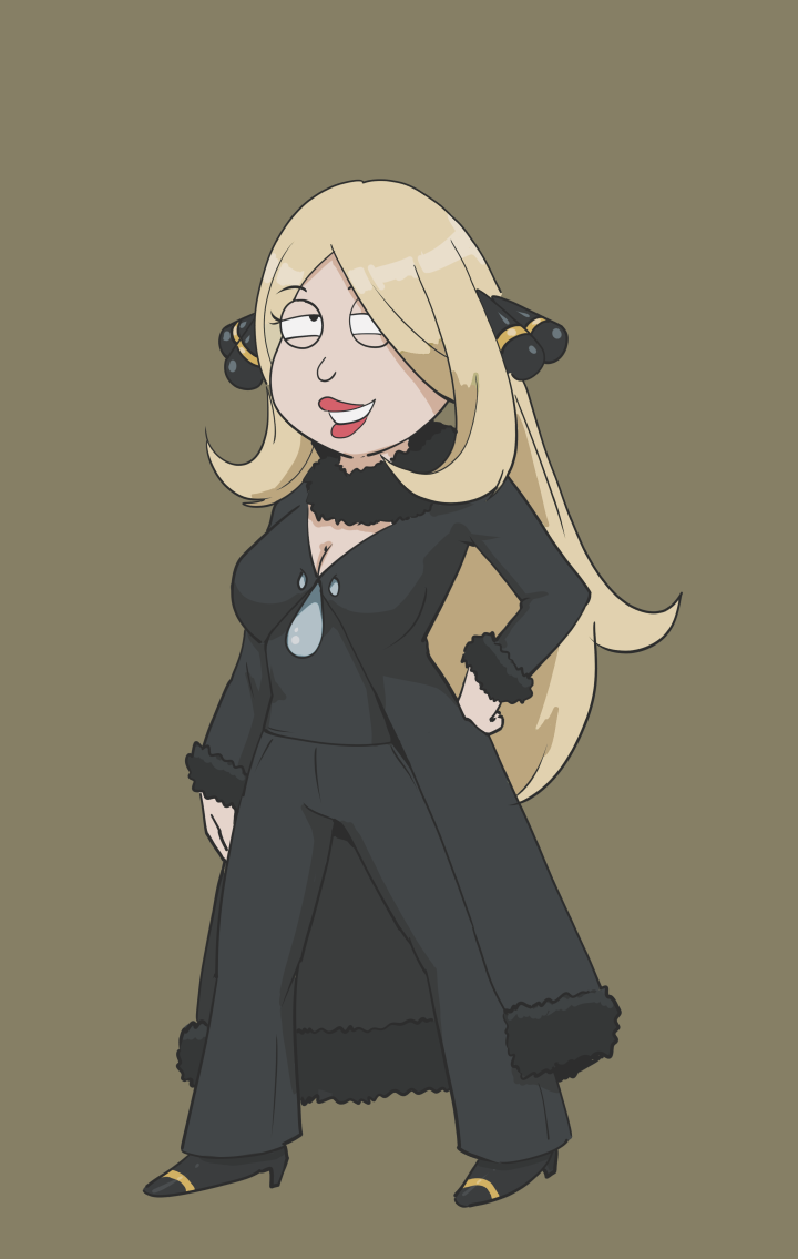 1girl american_dad! black_coat black_pants blonde_hair breasts brown_background cleavage coat cosplay cynthia_(pokemon) cynthia_(pokemon)_(cosplay) francine_smith full_body fur-trimmed_coat fur-trimmed_sleeves fur_collar fur_trim hair_ornament lipstick long_hair makeup nintendo pants pokemon pokemon_dppt red_lips simple_background solo standing tyrone