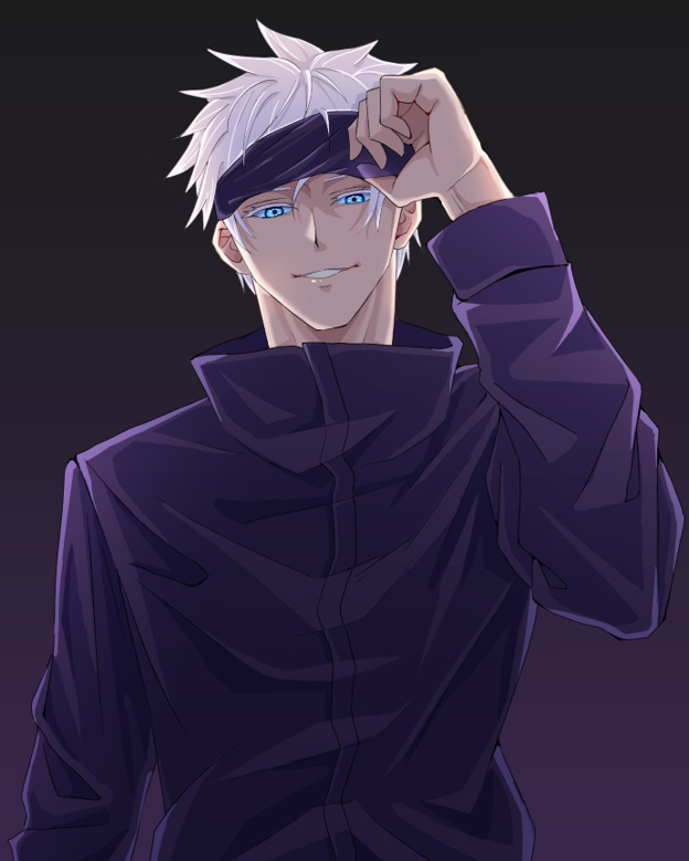 1boy blindfold blindfold_lift blue_eyes commentary_request gojou_satoru gradient_background grin jacket jujutsu_kaisen long_sleeves looking_at_viewer male_focus purple_background purple_jacket short_hair smile solo upper_body uyufuzi_s white_hair