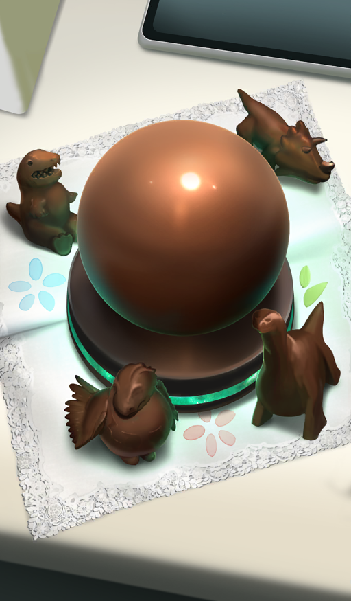 chocolate commentary dinosaur diplodocus fate/grand_order fate_(series) food food_art food_focus johanna-san_to_mikakunin_no_ai muraki_shouichi no_humans official_art orb raptor still_life third-party_source triceratops
