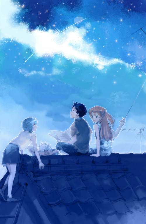 2boys 3girls :d arm_support arms_behind_head ayanami_rei black_hair blue_eyes brown_hair climbing ikari_shinji ladder long_hair lying multiple_boys multiple_girls nagisa_kaworu neon_genesis_evangelion niko_(silent.whitesnow) open_mouth profile rooftop short_hair sitting skirt sky smile souryuu_asuka_langley star_(sky) star_(symbol) starry_sky