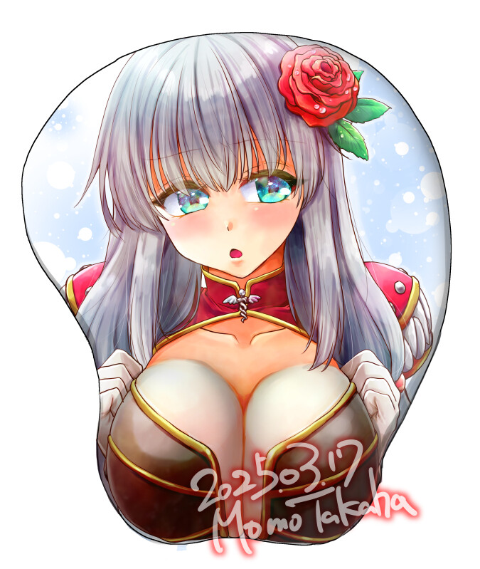 1girl artist_name blue_eyes blush breasts breasts_squeezed_together brown_dress caduceus cape chestnut_mouth cleavage commentary_request creator_(ragnarok_online) dated dress embarrassed flower gloves hair_flower hair_ornament large_breasts long_hair looking_to_the_side mousepad_(medium) open_mouth ragnarok_online red_cape red_flower red_rose rose solo takaha_momo white_background white_gloves