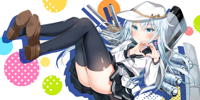 10s 1girl blue_eyes female_focus hat heart heart_hands hibiki_(kancolle) kantai_collection long_hair looking_at_viewer polka_dot polka_dot_background school_uniform serafuku ship_turret silver_hair skirt solo thighhighs verniy_(kancolle) yuzuki_kihiro