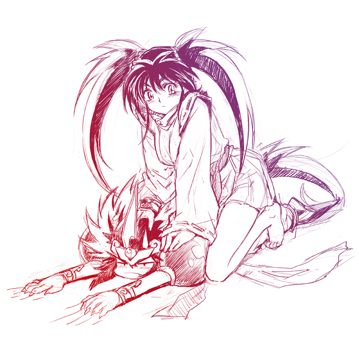 1girl artist_request bare_legs breasts dress enno_chiaki floating_hair japanese_clothes kishin_douji_zenki long_hair long_sleeves looking_at_viewer lying miko monochrome nontraditional_miko on_stomach sash short_dress sitting sitting_on_person size_difference translation_request twintails very_long_hair zenki