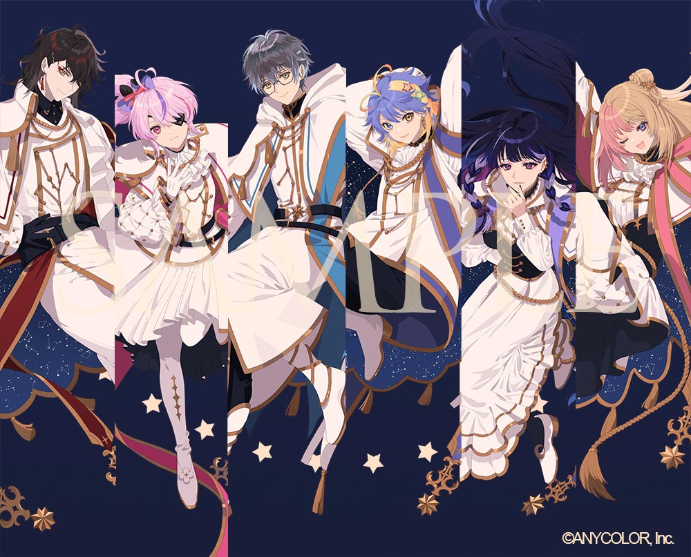 3boys 3girls ;d ahoge aiguillette antenna_hair arm_up arms_behind_head ascot aster_arcadia belt belt_buckle black_belt black_gloves black_hair black_nails black_pants black_pantyhose black_shirt blonde_hair bloomers blue_background blue_eyes blue_hair boots bow braid breasts buckle bustier cape choppy_bangs closed_mouth coat collared_cape collared_shirt colored_tips column_lineup constellation constellation_costume constellation_print copyright_notice crescent dress earrings eyeliner eyepatch eyeshadow eyewear_strap floating_hair flower footwear_flower frilled_dress frilled_sleeves frills full_body gemini_(constellation) glasses gloves gold_trim grey_hair hair_between_eyes hair_bow hair_bun hair_ornament hair_over_one_eye hand_on_own_hip hand_to_own_mouth heart heart_ahoge heart_eyepatch heterochromia high_heels hood hood_down hooded_cape ike_eveland jacket jewelry kotoka_torahime large_breasts leg_up leo_(constellation) libra_(constellation) long_coat long_dress long_hair long_sleeves looking_at_viewer makeup maria_marionette medium_hair meloco_kyoran multicolored_hair multiple_boys multiple_girls nijisanji nijisanji_en official_art okazaki_oka one_eye_closed open_mouth pants pantyhose parted_lips pink_eyes pink_eyeshadow pink_hair pleated_skirt puffy_long_sleeves puffy_sleeves pumps purple_bow purple_eyes purple_hair red_eyeliner red_hair sagittarius_(constellation) sample_watermark sash shirt shoes short_hair shoulder_sash side_braids side_ponytail simple_background single_side_bun skirt smile split-color_hair star_(symbol) star_hair_ornament starry_sky_print stole streaked_hair swept_bangs tassel tassel_earrings taurus_(constellation) thigh_boots two-sided_cape two-sided_fabric two-tone_hair underwear virtual_youtuber vox_akuma watermark white_ascot white_bloomers white_cape white_coat white_dress white_footwear white_gloves white_jacket white_pantyhose white_shirt white_skirt yellow_eyes
