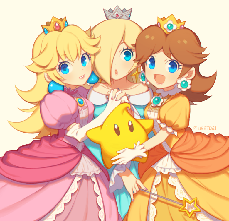 3girls artist_name blonde_hair blue_brooch blue_dress blue_eyes brooch brown_hair crown dress earrings elbow_gloves flipped_hair flower_brooch flower_earrings frilled_gloves frills gloves hair_over_one_eye holding holding_hands holding_wand jewelry long_hair looking_at_viewer luma_(mario) mario_(series) multiple_girls nail_polish nintendo off-shoulder_dress off_shoulder open_mouth orange_dress parted_lips pink_dress princess_daisy princess_peach puffy_short_sleeves puffy_sleeves rosalina short_sleeves simple_background smile sphere_earrings star_(symbol) star_brooch star_earrings super_smash_bros. wand white_gloves wusagi2