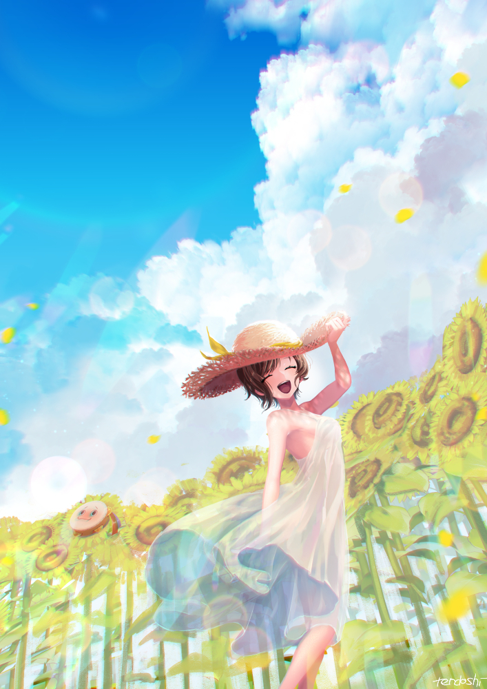 1girl adjusting_clothes adjusting_headwear blue_sky brown_hair cloud cloudy_sky dress eyelashes facing_viewer field flower flower_field from_side hat indie_virtual_youtuber instrument kashiko_mari open_mouth pandy_(kashiko_mari) ribbon short_hair sky solo sun_hat sunflower sunflower_field tambourine tendoshi virtual_youtuber white_dress yellow_ribbon