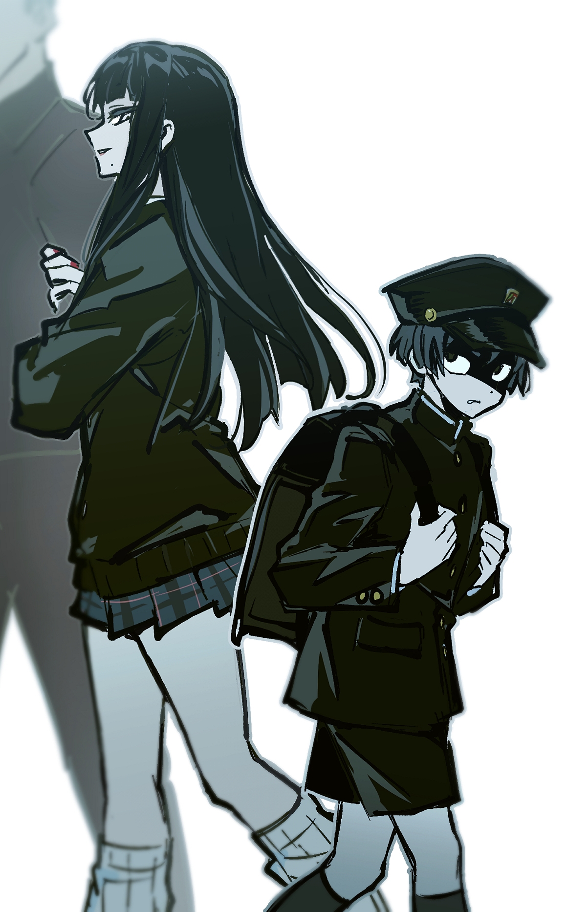 1boy 1girl alternate_costume asahi_sas_brutus backpack bag black_eyes black_hair black_headwear black_jacket black_shorts black_skirt black_socks blunt_bangs brother_and_sister buttons chinese_commentary collared_jacket commentary_request eye_contact feet_out_of_frame final_fantasy final_fantasy_xiv from_side gakuran grey_eyes highres holding_strap hyur jacket leg_warmers long_hair long_sleeves looking_at_another looking_back mole mole_under_mouth monochrome nail_polish parted_lips plaid_clothes plaid_skirt profile red_nails school_uniform shaded_face short_hair shorts siblings simple_background skirt smile socks spot_color straight_hair walking white_background wuliu_heihuo yotsuyu_goe_brutus