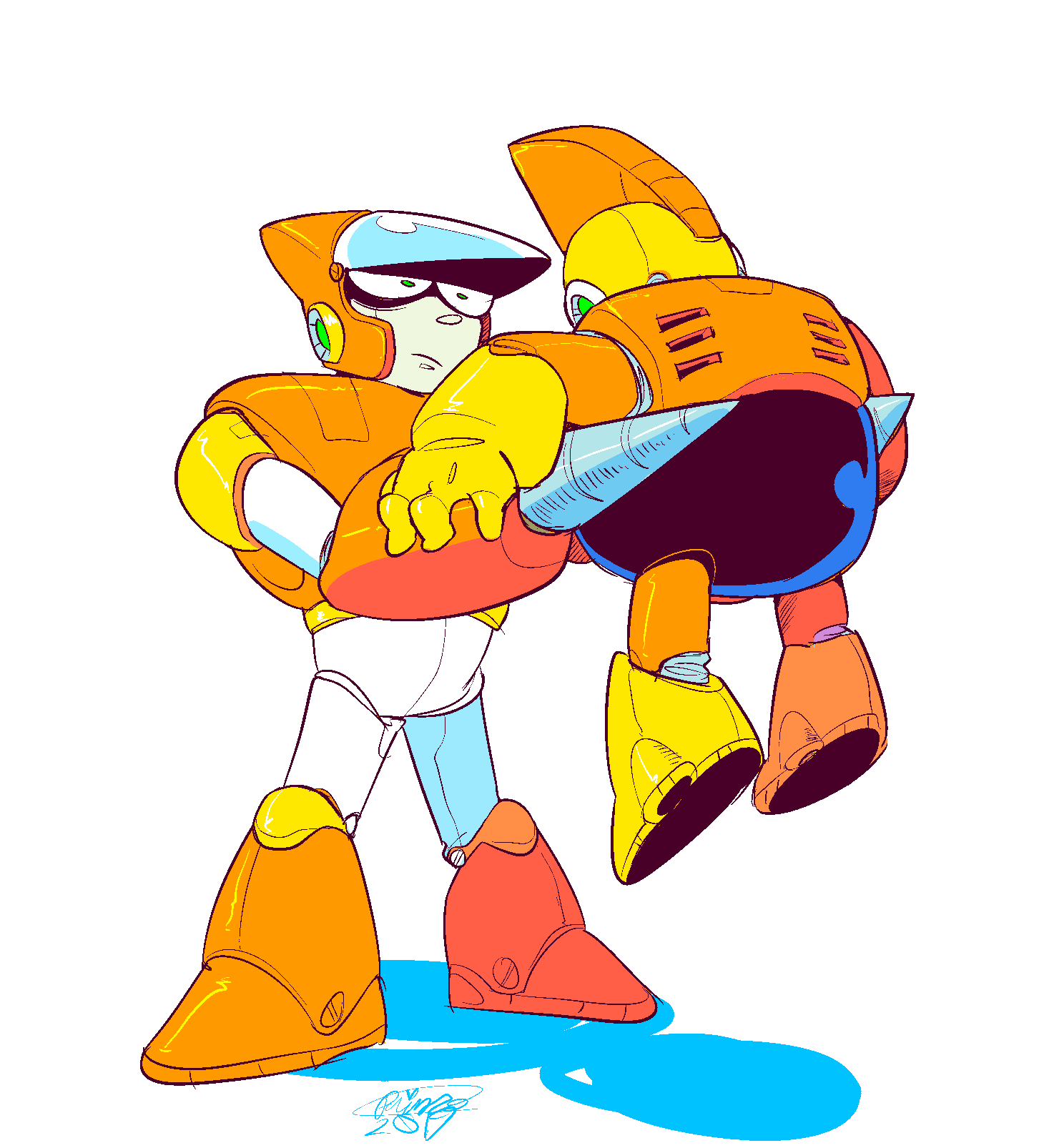 2boys bomb_man carrying commentary crash_man english_commentary frown highres male_focus mega_man_(classic) mega_man_(series) mega_man_1 mega_man_2 multiple_boys prince_(uurw4387) shadow simple_background white_background