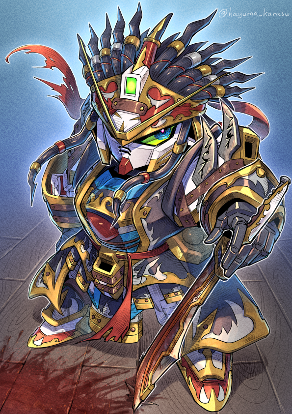 black_hair blood blue_eyes colored_sclera dreadlocks edward_second_v edward_teach_(fate) green_sclera gundam holding holding_sword holding_weapon kinako_(karasu_nomaru) looking_to_the_side mecha robot sd_gundam sd_gundam_world_heroes solo standing sword twitter_username victory_gundam_hexa weapon