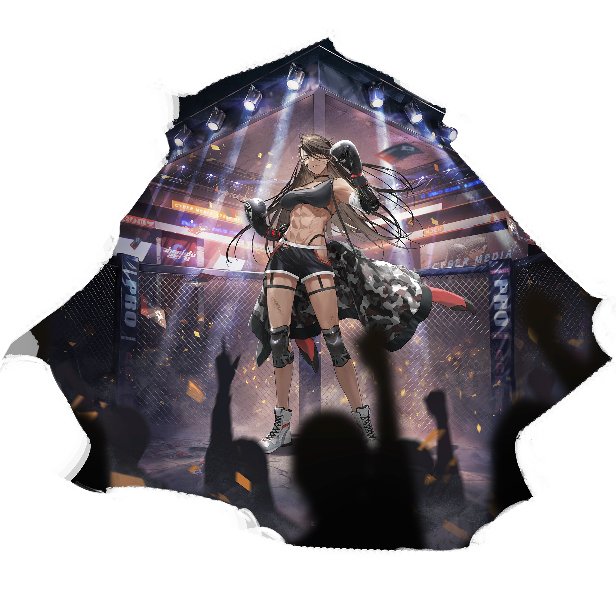 1girl abs bandaged_arm bandages black_hair black_shorts black_sports_bra bottle boxing boxing_gloves chain-link_fence cheering crowd dark-skinned_female dark_skin fence full_body game_cg girls'_frontline girls'_frontline_neural_cloud highres hip_vent kaoruko_(unkrk55) knee_pads long_hair magnhilda_(neural_cloud) muscular muscular_female official_art punching_bag shoes shorts sneakers solo_focus sports_bra spotlight third-party_source transparent_background water_bottle weights white_shoes yellow_eyes