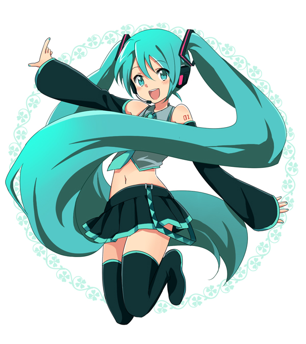 1girl :d aqua_eyes aqua_hair bare_shoulders black_thighhighs blush detached_sleeves female_focus hatsune_miku ica long_hair navel open_mouth outstretched_arm skirt smile solo thighhighs twintails very_long_hair vocaloid