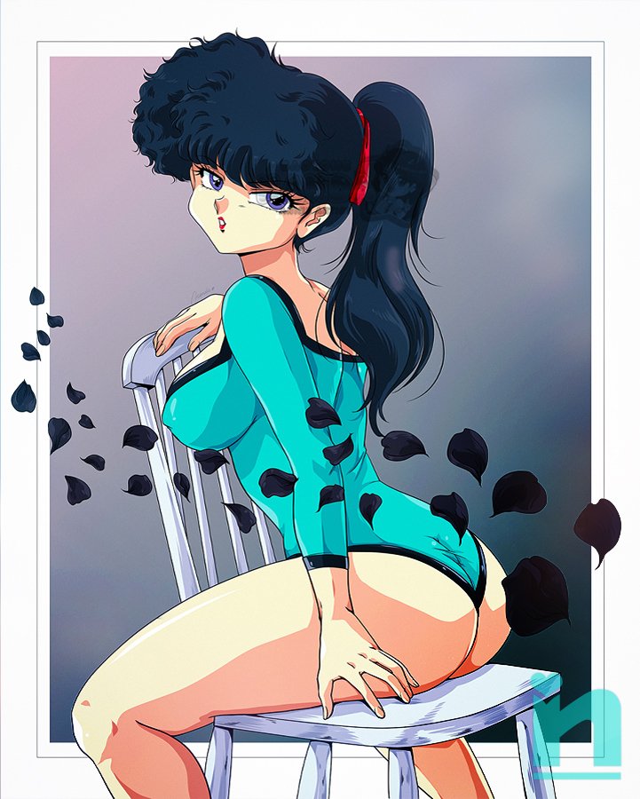 1girl ass black_hair breasts chair covered_erect_nipples green_leotard kunou_kodachi large_breasts leotard long_hair looking_at_viewer looking_back on_chair ponytail purple_eyes ranma_1/2 saotome_nanda sitting sitting_backwards solo