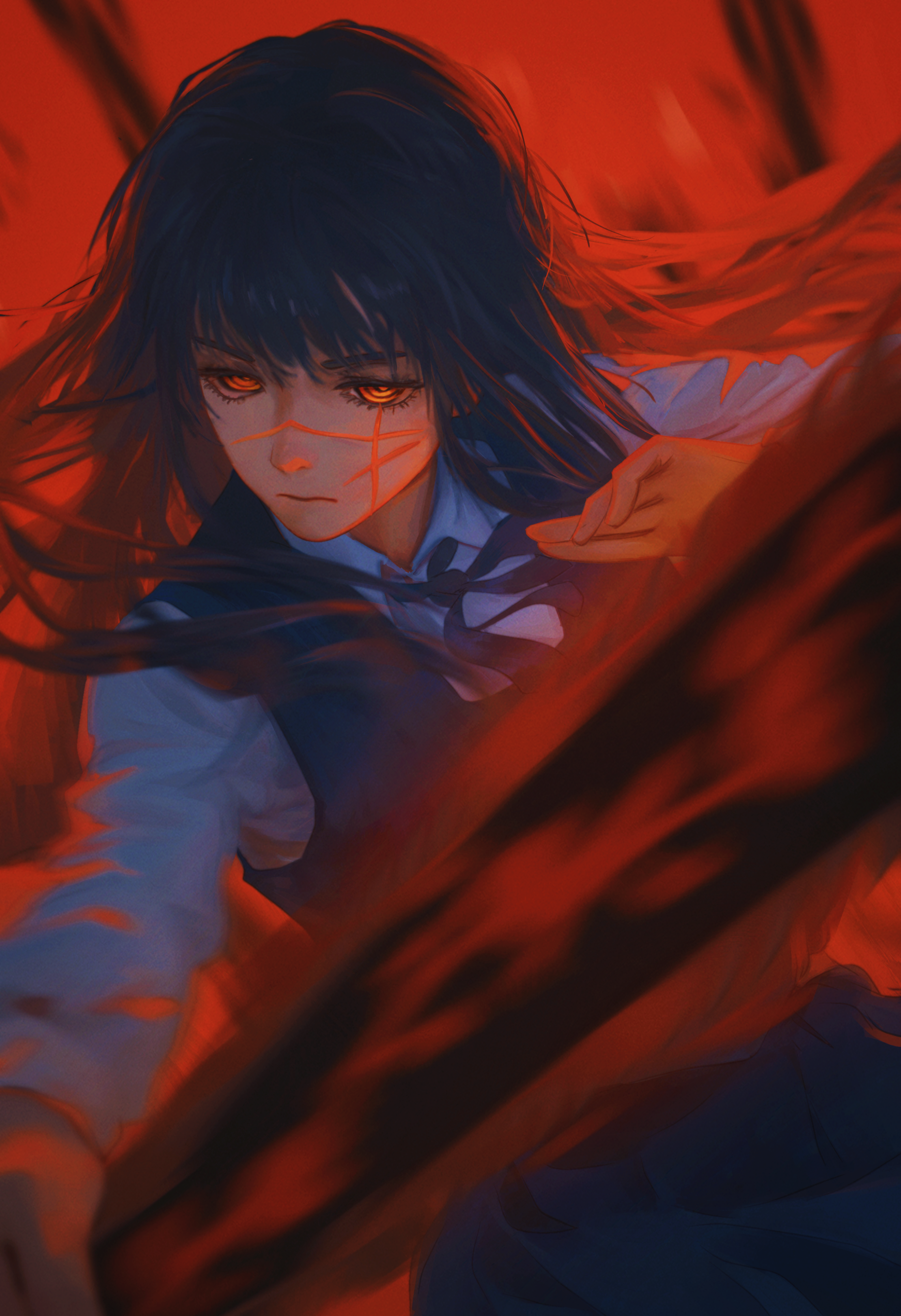 1girl absurdres black_dress black_hair blue_ribbon blue_shirt chainsaw_man chinese_commentary closed_mouth commentary_request cowboy_shot dark dress highres long_dress looking_at_viewer neck_ribbon orange_eyes pinafore_dress red_background ribbon ringed_eyes scar scar_on_face shirt sleeveless sleeveless_dress solo white_shirt yao_liao_wang yoru_(chainsaw_man)