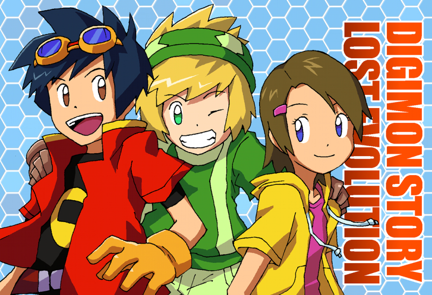asuka_(digimon) digimon gloves goggles goggles_on_head hiroyuki_(digimon) looking_at_another one_eye_closed shu_(digimon) smile wink