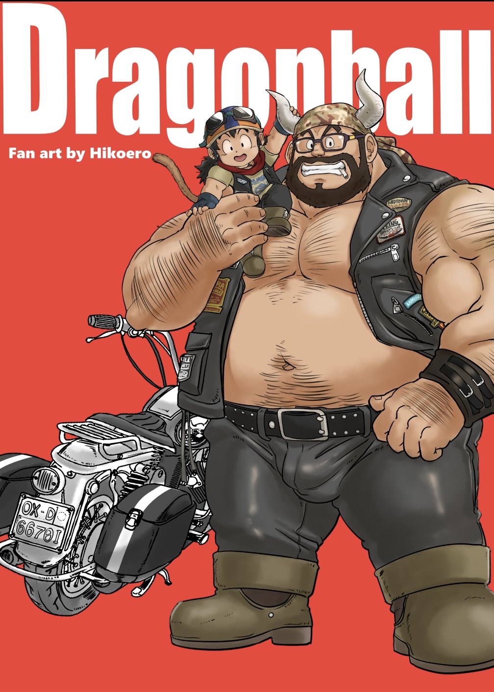 2boys alternate_body_hair alternate_costume arm_hair bara beard belt bulge chest_hair cigarette denim dragon_ball dragonball_z facial_hair full_body goggles goggles_on_head grandfather_and_grandson grin gyuu_mao hairy highres hikoero777 jeans large_pectorals leg_hair looking_at_viewer male_focus mature_male motor_vehicle motorcycle multiple_boys muscular muscular_male navel navel_hair pants pectorals raised_eyebrows revision sanpaku short_hair sitting_on_shoulder size_difference smile son_gohan standing stomach tail thick_eyebrows