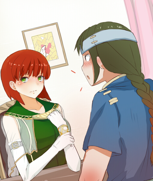 bad_id bad_pixiv_id blush bob_cut braid elbow_gloves fire_emblem fire_emblem:_the_blazing_blade gloves green_eyes green_hair guy_(fire_emblem) nintendo priscilla_(fire_emblem) red_hair shiina_maru short_hair