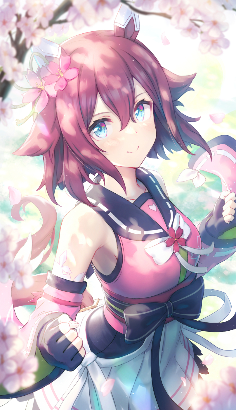 1girl animal_ears bare_shoulders black_bow black_gloves blue_eyes bow branch breasts clenched_hands closed_mouth commentary_request day fingerless_gloves flower gloves hair_between_eyes hair_flower hair_ornament highres horse_ears horse_girl horse_tail nogi_lief obi outdoors petals pink_flower pleated_skirt purple_hair sakura_chiyono_o_(umamusume) sash skirt small_breasts smile solo tail umamusume white_skirt