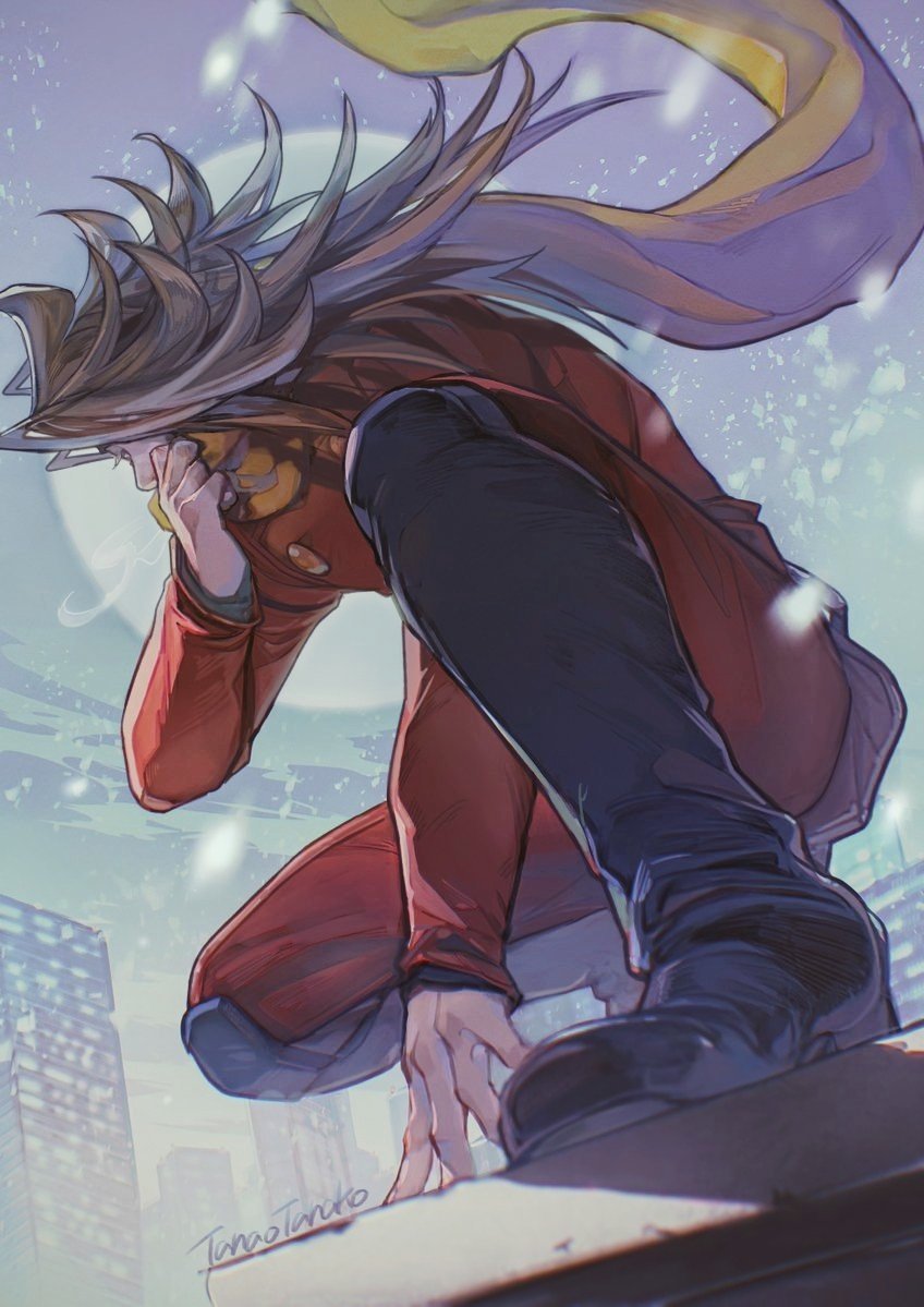 1boy black_boots boots buttons coat cyborg cyborg_009 dynamic_pose full_body hair_over_one_eye happy_birthday jet_link long_hair looking_at_viewer looking_down male_focus military_uniform orange_hair red_coat scarf spiked_hair tanaotanako yellow_scarf