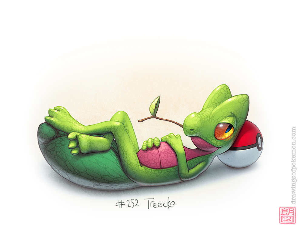 character_name closed_mouth crossed_legs full_body gen_3_pokemon looking_at_viewer lying mouth_hold nintendo no_humans nostrils on_back poke_ball poke_ball_(basic) pokedex_number pokemon pokemon_(creature) rocky_hammer simple_background sitting solo stalk_in_mouth treecko watermark web_address white_background