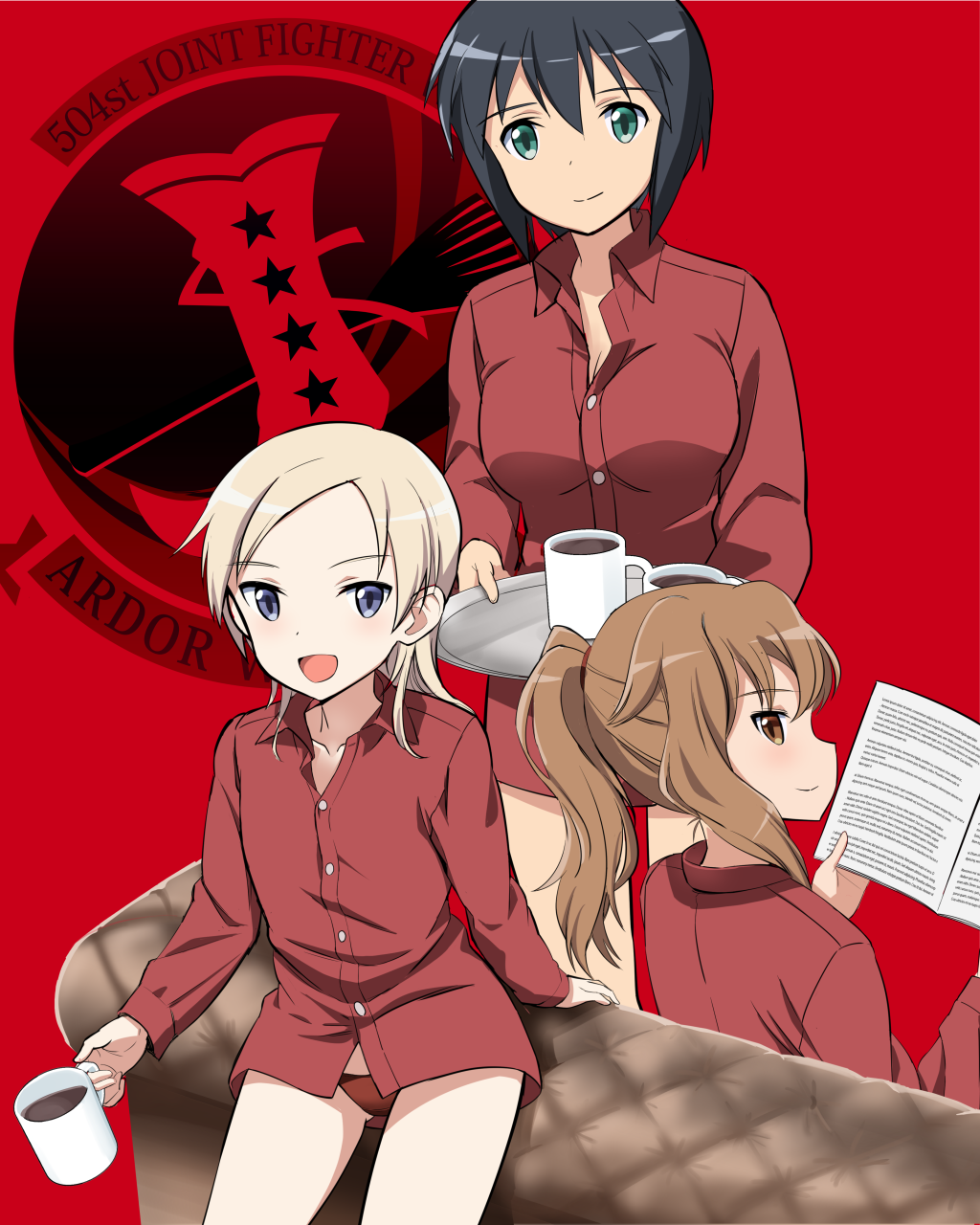 3girls 504th_joint_fighter_wing 504th_joint_fighter_wing_(emblem) :d black_hair blonde_hair blue_eyes book brown_eyes brown_hair coffee coffee_mug commentary couch cup dress_shirt english_text fernandia_malvezzi from_behind green_eyes hair_tie highres holding holding_book holding_cup holding_tray kaneko_(novram58) long_sleeves looking_at_viewer looking_back luciana_mazzei martina_crespi medium_hair mug multiple_girls no_pants on_couch open_mouth panties partially_unbuttoned ponytail red_panties red_shirt red_theme shirt short_hair sitting smile standing strike_witches:_kurenai_no_majo-tachi tray underwear wing_collar world_witches_series