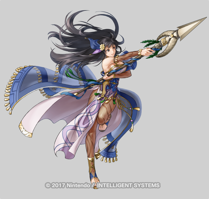 attack bare_shoulders black_eyes black_hair breasts choker detached_sleeves fire_emblem fire_emblem:_the_blazing_blade fire_emblem_heroes full_body hair_ornament high_heels holding holding_polearm holding_weapon jewelry karla_(fire_emblem) karla_(hatari)_(fire_emblem) kita_senri large_breasts long_hair looking_at_viewer nintendo official_alternate_costume official_art pantyhose polearm solo toeless_footwear toeless_legwear weapon