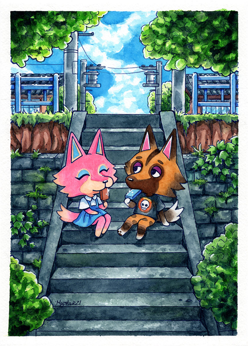 1boy 1girl ^_^ animal_crossing artist_name black_eyes black_shirt blue_dress blue_eyeshadow blue_sky border brown_fur chibi chibi_only closed_eyes cloud collared_shirt day dress dress_over_shirt eating eyeshadow fence foliage food foot_dangle freya_(animal_crossing) half-closed_eyes hand_on_lap hand_rest hand_up highres holding holding_food kyle_(animal_crossing) looking_at_another makeup mystar21 nintendo no_pants on_stairs outdoors pinafore_dress pink_fur popsicle rural shirt sitting sitting_on_stairs skull_print sky sleeveless sleeveless_dress stairs traditional_media tree utility_pole white_border white_shirt wide_shot wing_collar wolf_boy wolf_girl