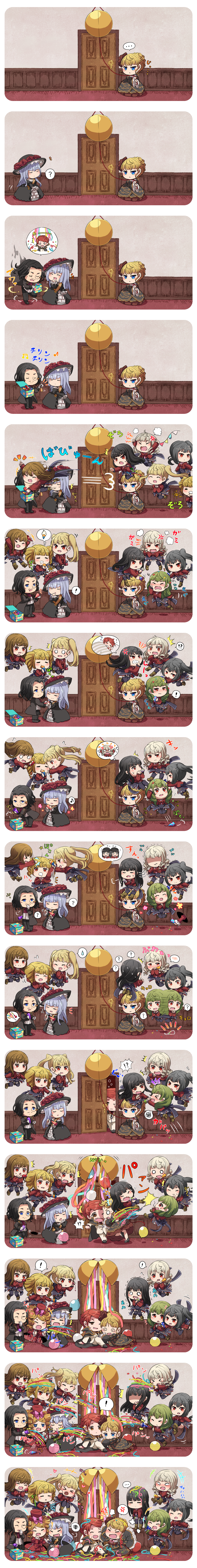 ! &gt;_&lt; ... 07th_expansion 2boys 6+girls :&lt; ? @_@ absurdres anger_vein asmodeus_(umineko) balloon beatrice_(umineko) beelzebub_(umineko) belphegor_(umineko) black_hair blonde_hair blue_eyes blush brown_eyes brown_hair cape chibi comic confetti door dress drill_hair closed_eyes facial_hair fang flower gaap_(umineko) green_hair hair_bun hair_flower hair_ornament hat highres hitotubosi leviathan_(umineko) long_image lucifer_(umineko) mammon_(umineko) monocle multiple_boys multiple_girls musical_note mustache no_naku_koro_ni_(series) open_mouth party_popper ponytail red_eyes red_hair ronove_(umineko) rose satan_(umineko) side_ponytail silent_comic silver_hair single_hair_bun smile spoken_ellipsis spoken_exclamation_mark spoken_musical_note spoken_question_mark spoken_squiggle squiggle stakes_of_purgatory tall_image translation_request twin_drills twintails umineko_no_naku_koro_ni ushiromiya_battler virgilia_(umineko)