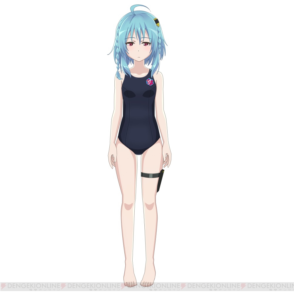 10s 1girl aqua_hair black_one-piece_swimsuit blush braid child colored_skin dengeki female_focus full_body gakusen_toshi_asterisk holster kawakami_tetsuya one-piece_swimsuit pink_eyes sasamiya_saya solo swimsuit white_skin