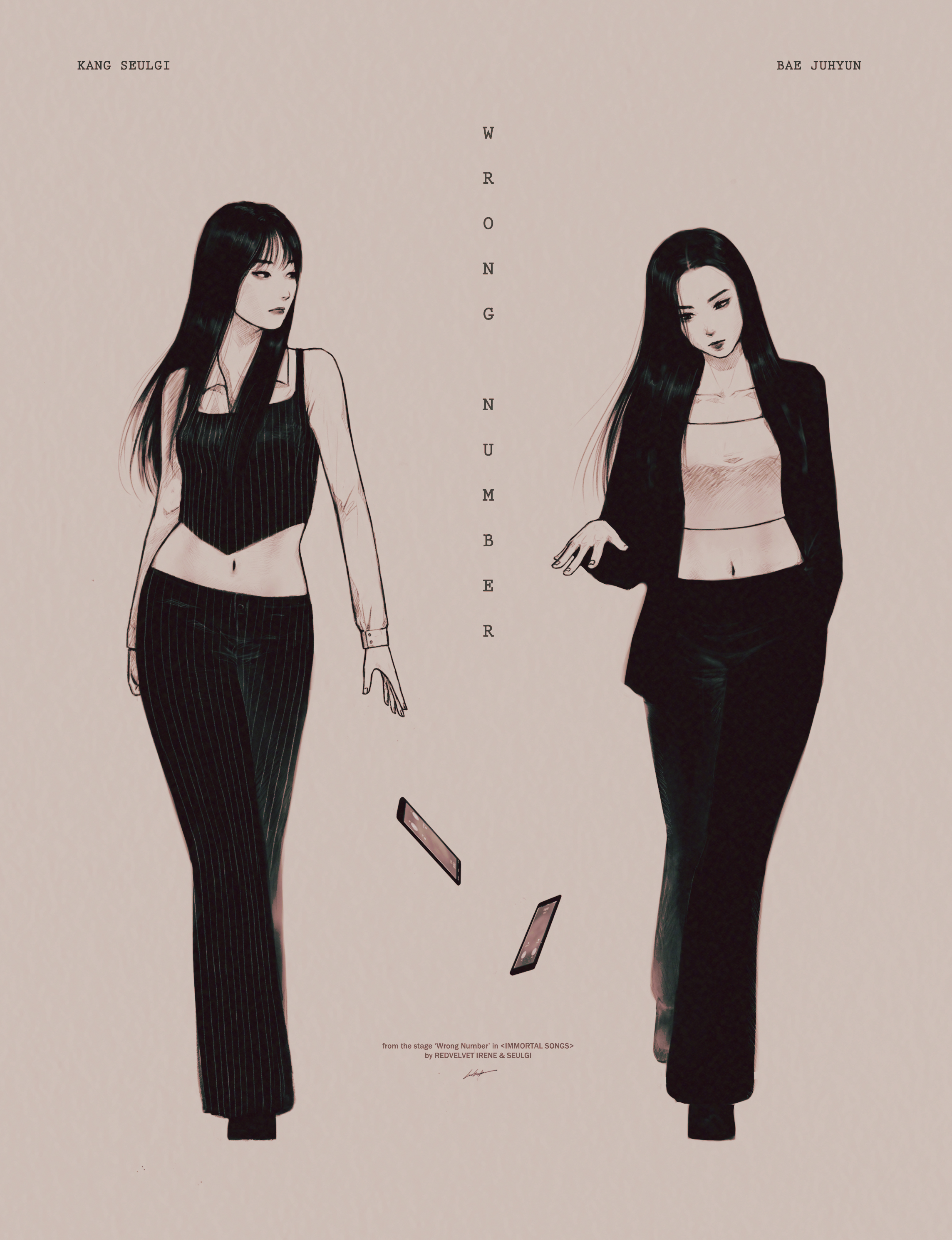 2girls absurdres artist_name_(singer) black_hair commentary falling full_body greyscale highres irene_(red_velvet) k-pop long_hair long_sleeves looking_to_the_side monochrome multiple_girls navel phone real_life red_velvet_(group) seulgi_(red_velvet) sin_daybreak song_name