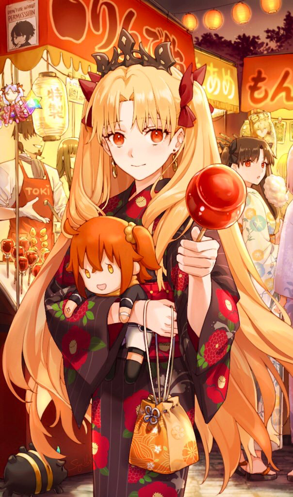 1boy 4girls alternate_costume blonde_hair blush breasts candy_apple earrings ereshkigal_(fate) fate/grand_order fate/zero fate_(series) food food_stand fujimaru_ritsuka_(female) fujimaru_ritsuka_(female)_(true_ether_chaldea_uniform) gugalanna_(fate) ishtar_(fate) japanese_clothes jewelry kimono lantern long_hair long_sleeves looking_at_viewer mash_kyrielight multiple_girls obi official_alternate_costume open_mouth out_of_frame paper_lantern parted_bangs pig sash siya_ho smile space_ishtar_(fate) stuffed_toy tiara tohsaka_aoi tohsaka_tokiomi twintails two_side_up very_long_hair wide_sleeves