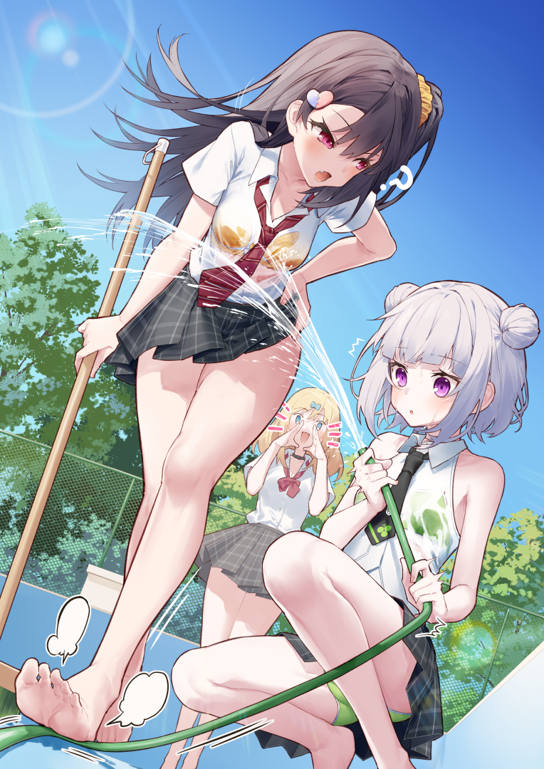 3girls :d :o ? ^^^ akizuki_kei bare_arms bare_shoulders barefoot black_necktie blonde_hair blue_bow blue_eyes blue_sky bow bra breasts broken_heart broken_heart_hair_ornament broom chain-link_fence commentary_request day double_bun empty_pool fang fence green_bra green_panties grey_hair grey_skirt hair_bow hair_bun hair_ornament hand_to_own_mouth heart heart_hair_ornament holding holding_broom holding_hose hose itou_chieri lens_flare multiple_girls munakata_hinano necktie notice_lines one_side_up open_mouth original outdoors panties parted_lips plaid_clothes plaid_necktie plaid_skirt pleated_skirt pool purple_eyes red_necktie see-through_clothes shirt short_sleeves skirt sky sleeveless sleeveless_shirt small_breasts smile squatting standing surprised tokuno_yuika tree underwear water wet wet_clothes wet_shirt white_shirt yellow_bra