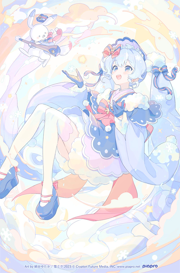 1girl :d artist_name blue_eyes blue_gloves blue_hair blue_hat blue_shoes blush bonnet bow commentary_request copyright_notice crescent_moon full_body geta gloves hat hatsune_miku japanese_clothes kimono kinutani_yutaka logo moon multicolored_hair musical_note official_art open_mouth pink_bow pom_pom_(clothes) purple_kimono rabbit_yukine shoes smile snowflakes solo star_(symbol) streaked_hair thighhighs twintails vocaloid white_hair white_thighhighs yuki_miku yuki_miku_(2023)