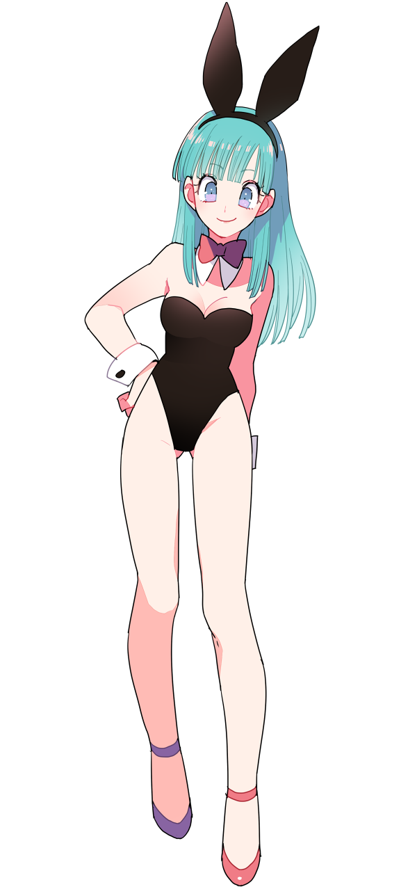 1girl animal_ears aqua_hair bad_id bad_twitter_id black_leotard breasts bulma cleavage dragon_ball fake_animal_ears female_focus full_body gum_(gmng) highres leotard no_legwear playboy_bunny purple_eyes rabbit_ears simple_background smile solo white_background wrist_cuffs