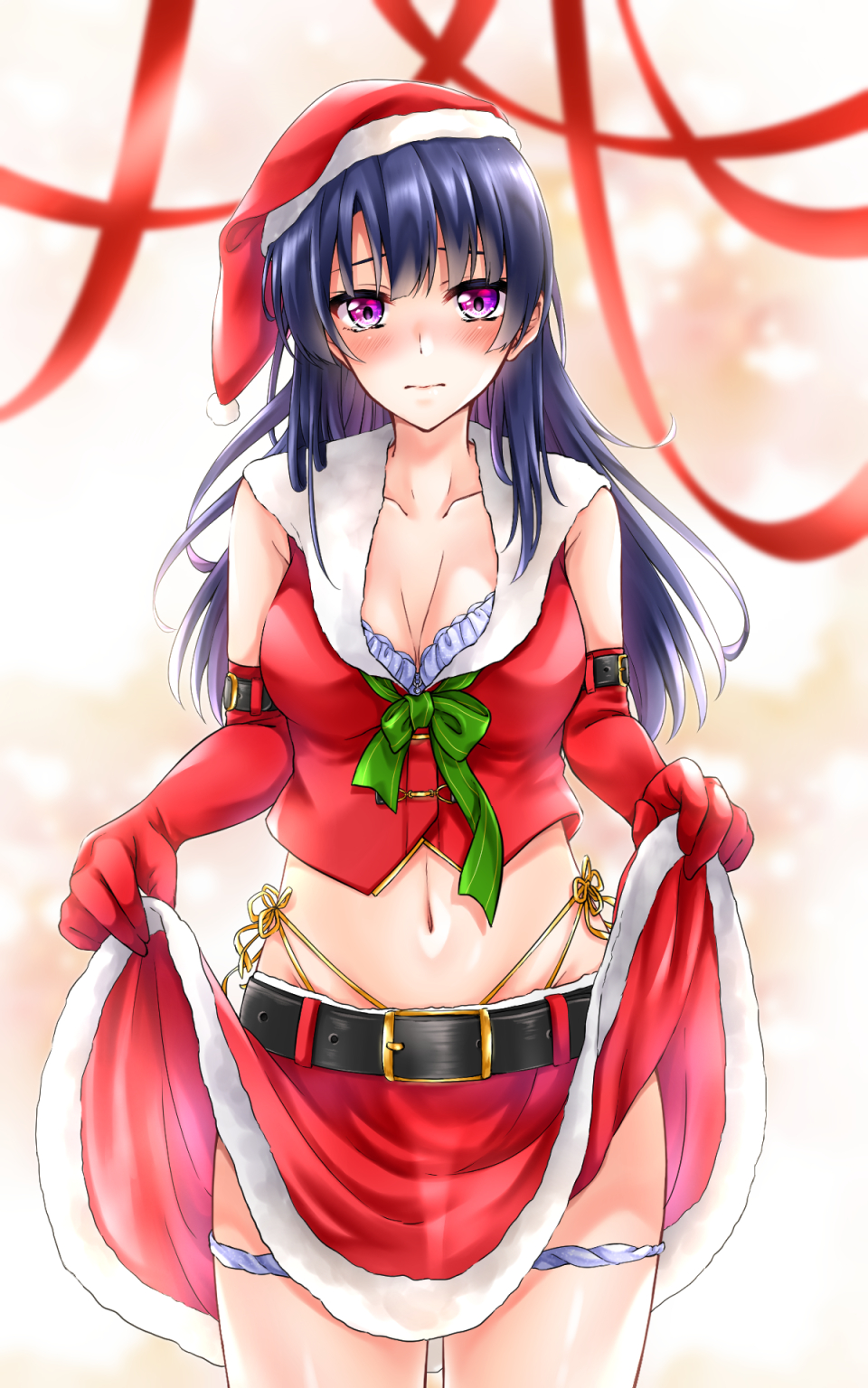 1girl blue_bra blue_hair blue_panties bra christmas elbow_gloves gloves hat highres lifting_own_clothes long_hair looking_at_viewer mini_dang01 navel original panties panty_pull purple_eyes red_gloves santa_costume santa_hat solo underwear