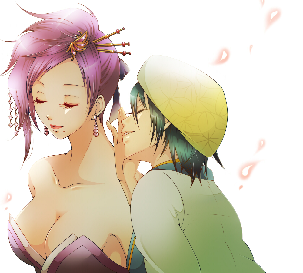 beret black_hair breasts butterfly_hair_ornament cleavage closed_eyes coat earrings eyelashes eyeshadow hair_ornament hair_ribbon hat japanese_clothes jewelry kimono large_breasts lips lipstick makeup nouhime petals purple_hair ribbon sengoku_musou smile takenaka_hanbei whispering yukata