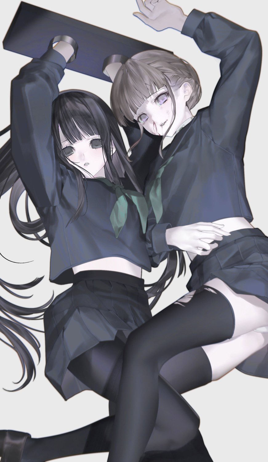 2girls ame_(amelovelio) arm_up black_eyes black_hair black_pantyhose black_sailor_collar black_serafuku black_thighhighs blood blunt_bangs brown_hair bruise byakuya_rinne choker euphoria_(clockup) green_neckerchief hair_bun hashtag-only_commentary highres injury light_smile loafers long_hair long_sleeves looking_at_viewer manaka_nemu multiple_girls neckerchief nosebleed panties pantyhose pantyshot parted_lips pleated_skirt purple_eyes sailor_collar school_uniform serafuku shirt shoes short_hair sidelocks simple_background single_hair_bun skindentation skirt stocks straight_hair thighhighs torn_clothes torn_thighhighs underwear