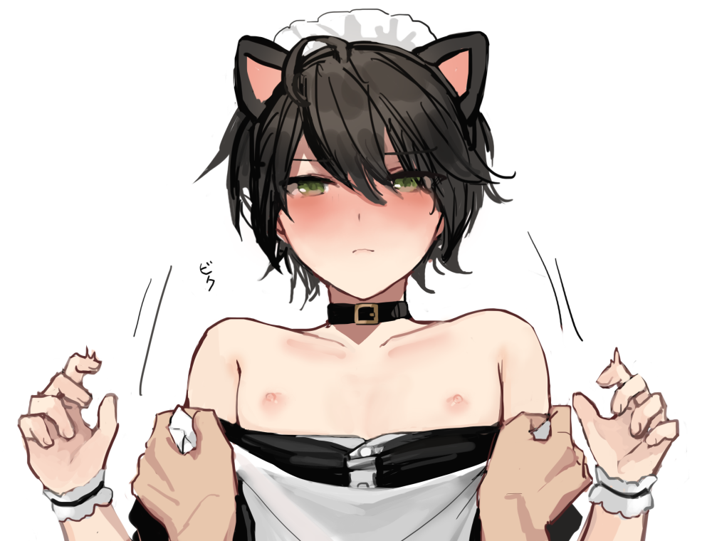 2boys ahoge alternate_costume animal_ears apron armband bare_shoulders bishounen black_hair blush cat_ears clothes_pull collar crossdressing crossdressing_(mtf) enmaided geki_(sunaba_(nczd5875)) green_eyes hands_up maid maid_headdress multiple_boys nipples original short_hair simple_background solo_focus sunaba_(nczd5875) twitching