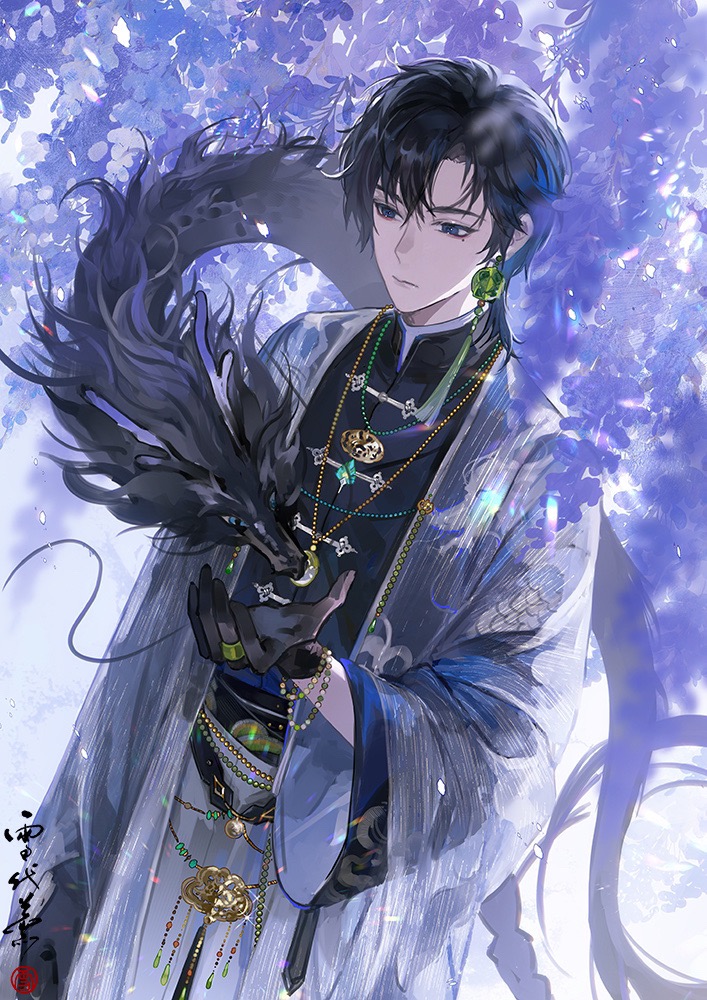 1boy bead_bracelet beads black_gloves black_sash black_shirt blue_eyes blue_hair bracelet braid chinese_clothes clarence_clayden closed_mouth coat cowboy_shot curtained_hair dark_blue_hair dragon dragon_print earrings eastern_dragon expressionless flower gloves hair_between_eyes hand_up jewelry long_hair long_sleeves looking_at_animal lovebrush_chronicles male_focus mole mole_under_eye open_clothes open_coat pendant purple_flower ring robe sash seal_impression see-through_clothes see-through_coat shirt single_braid single_earring solo standing tangzhuang tassel tassel_earrings white_background white_coat white_robe wide_sleeves wisteria xuedaixun yaopei
