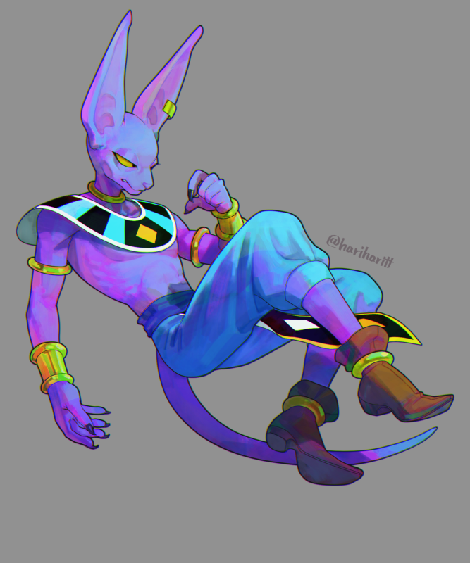 1boy ancient_egyptian_clothes armlet arms_at_sides beerus blue_pants boots bracelet brown_boots dragon_ball dragon_ball_super dragon_ball_z dragon_ball_z_kami_to_kami ear_piercing earrings floating frown full_body grey_background jewelry kinjuu_(hariharitt) looking_away male_focus necklace pants piercing profile simple_background solo tail topless_male twitter_username